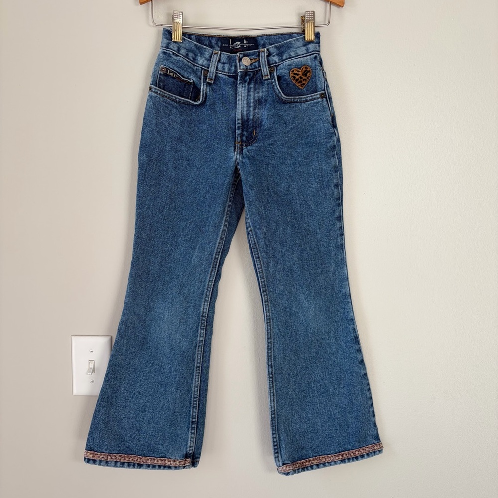 LEI Kids Vintage Y2K Leopard Print Trim Flare Jeans with Heart Patch